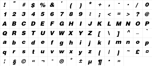 HeliosBlackC Italic  glyph index