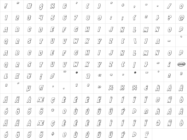 Dusk Demon 3D Italic Regular  glyph index