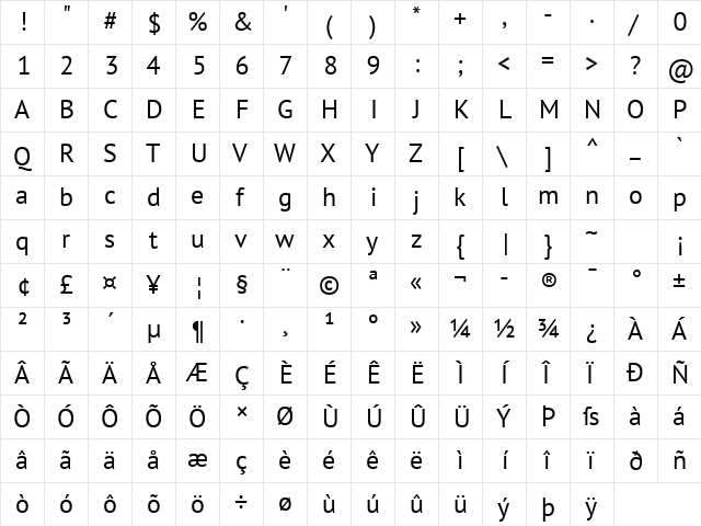 PT Sans Regular  glyph index