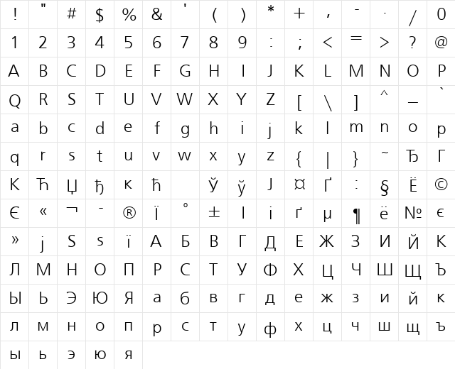 FreeSetCTT Regular  glyph index