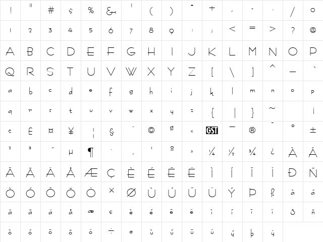 FastracFashion normal  glyph index