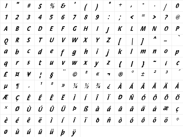 FloraCndObl-Bold Regular  glyph index