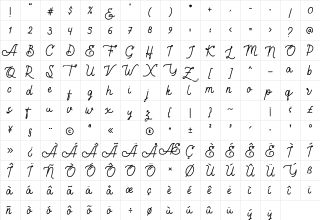 Shibuyah Monoline Regular  glyph index
