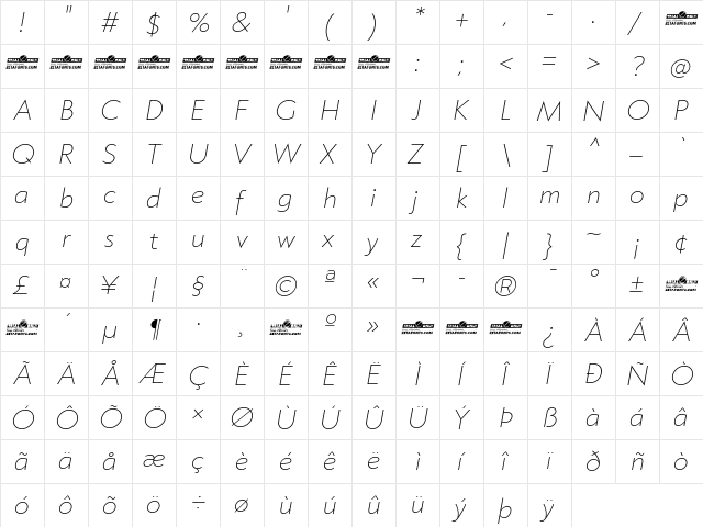 Klein Trial Extralight Italic  glyph index