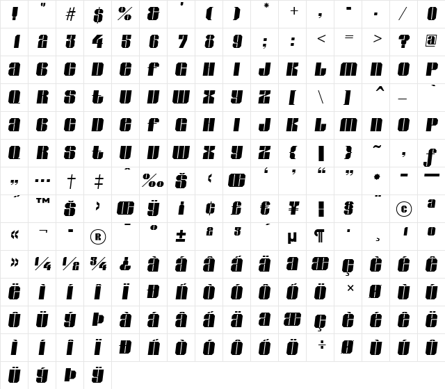 a_Glade Italic  glyph index