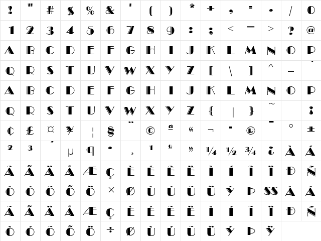 BroadwayEngD Regular  glyph index