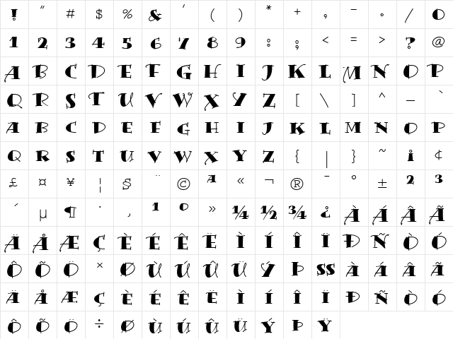 Bermuda LP Regular  glyph index