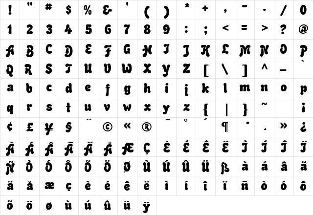 BubbleSoft Regular  glyph index