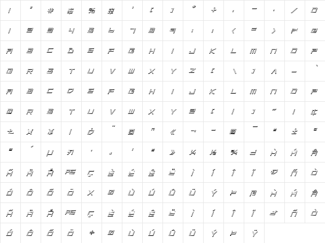 Low Gun Screen Outline Italic Outline Italic  glyph index