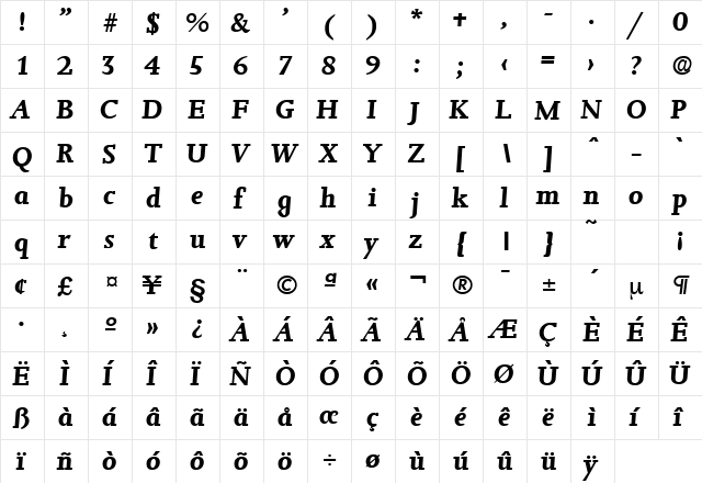 Jessica-Serial BoldItalic  glyph index