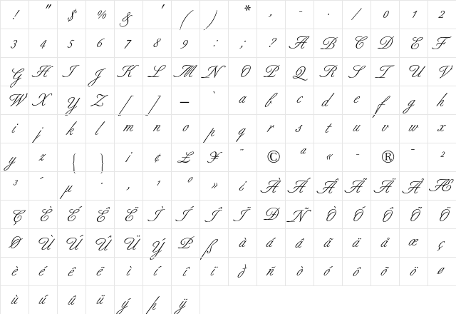Berthold Script Regular  glyph index