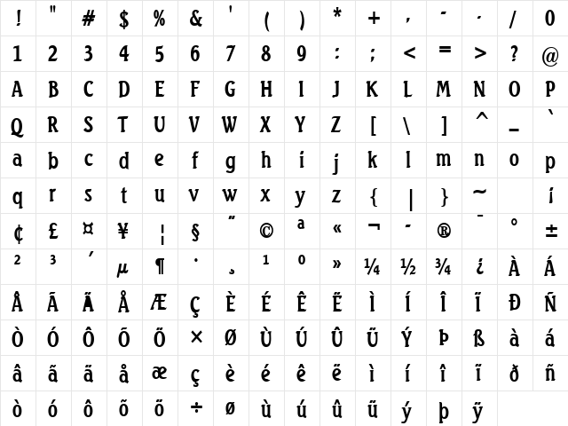 Beach-Condensed Bold  glyph index