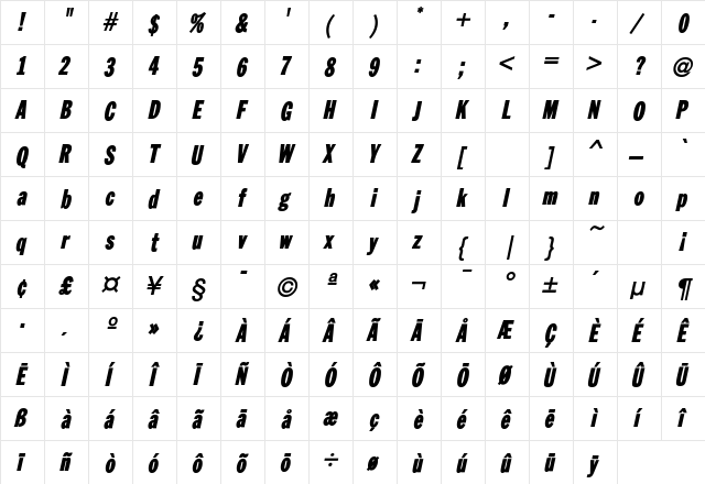 ZenherSSK BoldItalic  glyph index