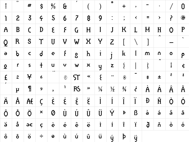 Zoroaster Regular  glyph index