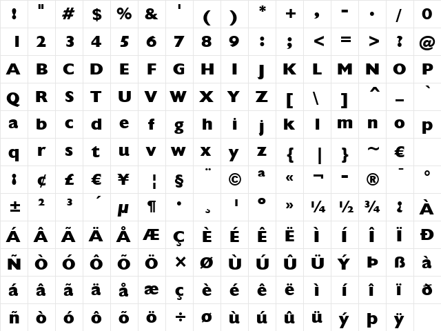 Humanst521 XBd BT Extra Bold  glyph index