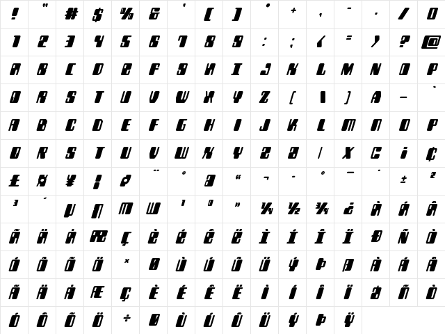 Zyborgs Bold Italic Bold Italic  glyph index