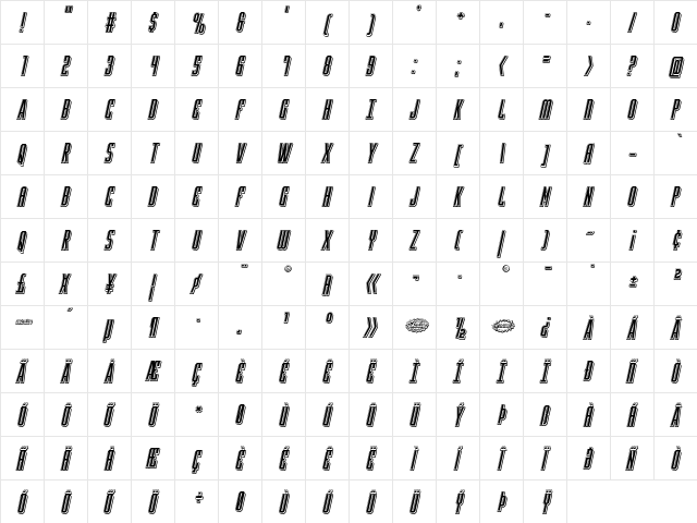 Y-Files Punch Italic Italic  glyph index