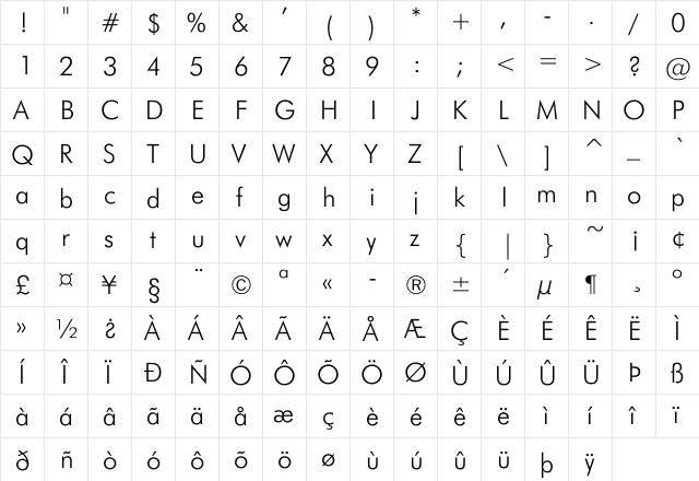 Jensen Thin Regular  glyph index