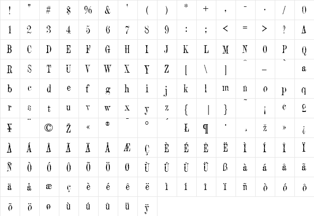 RumpledRoman Regular  glyph index