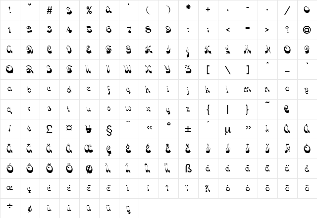 Gasparone Regular  glyph index