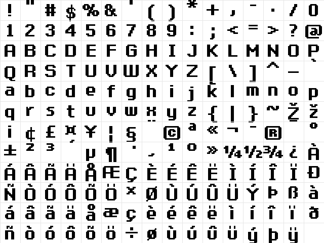 FFF Protege Bold Extended Regular  glyph index