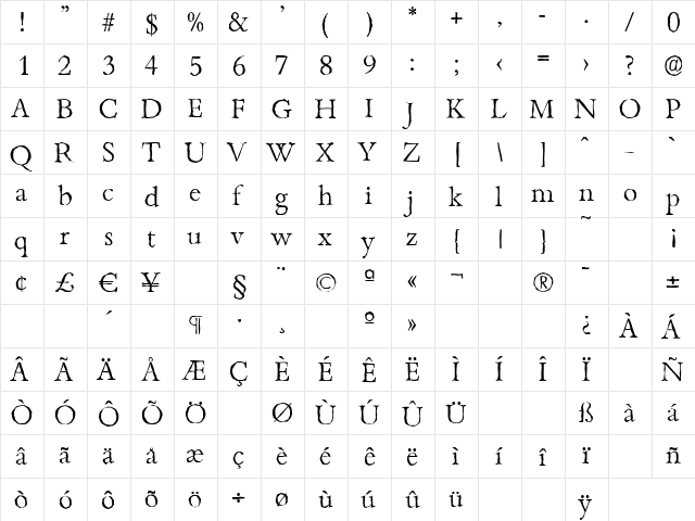 BambergAntique-Light Regular  glyph index