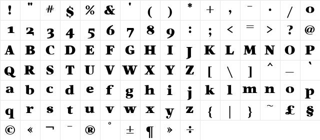Artemius SN Black TT Regular  glyph index