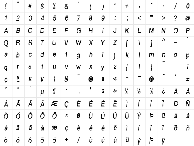 NudE Regular  glyph index