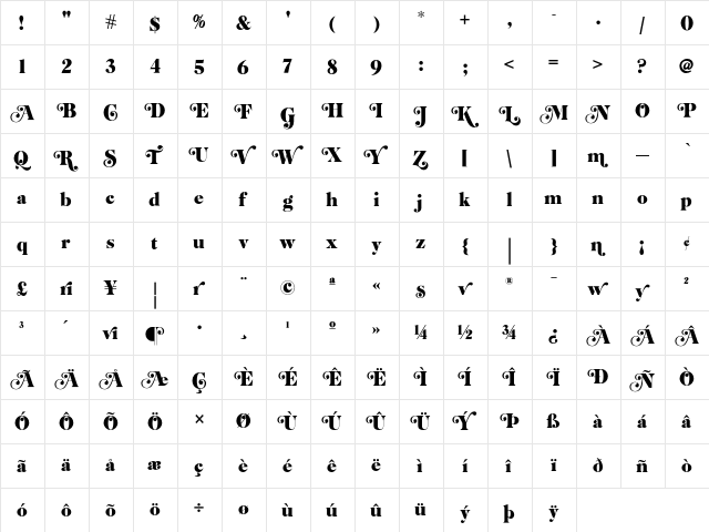Emfatick NF Regular  glyph index