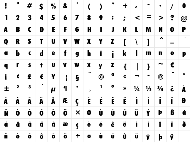 Futura XBlkCn BT Extra Black  glyph index