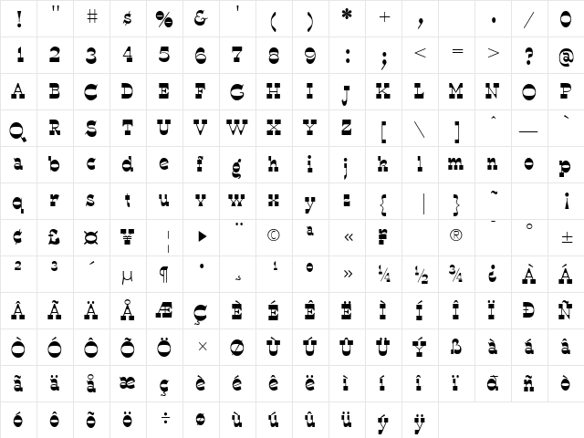 WyomingSpaghetti Bold  glyph index