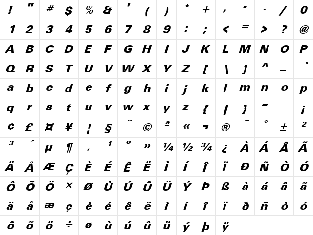 Unique BOLDITALIC  glyph index