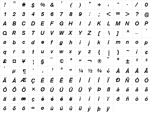 Berthold Akzidenz Grotesk BE Regular  glyph index