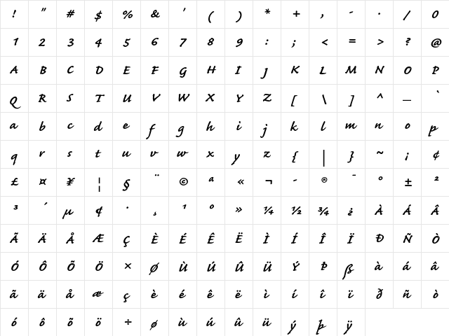 Caflisch Script Bold  glyph index