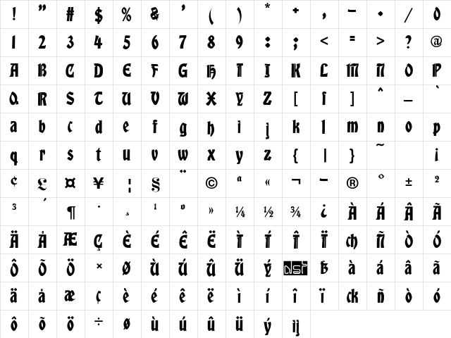 Albert Text Bold  glyph index