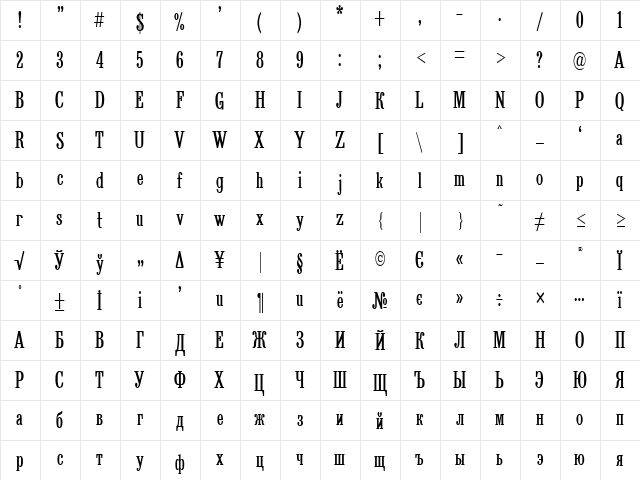 Uk_BruskovayaCompressed Normal  glyph index