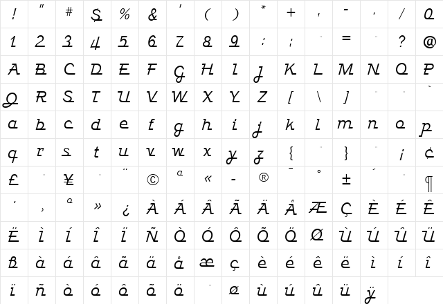 JavelinMedium Roman  glyph index