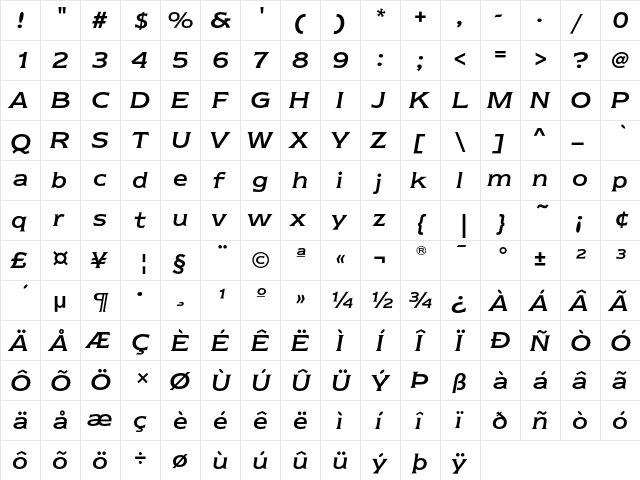 NewtextEF RegularItalic  glyph index