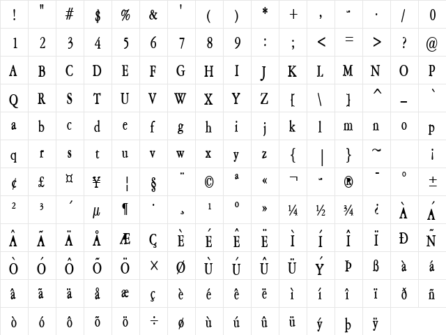 Amery Condensed Bold  glyph index