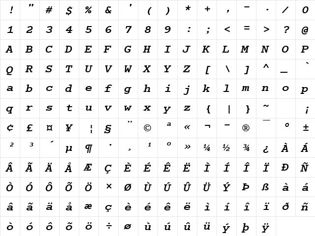 Cumberland Bold Italic  glyph index