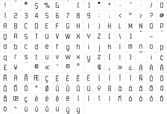 45degrees Light Regular  glyph index