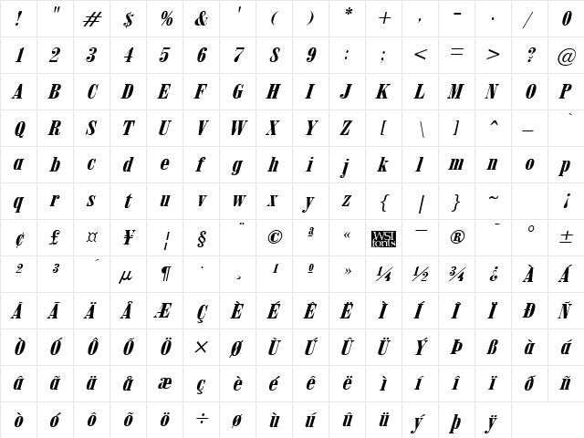 ObeliskGrand Italic  glyph index