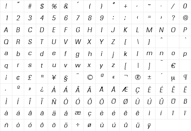 Rochester-LightIta Regular  glyph index