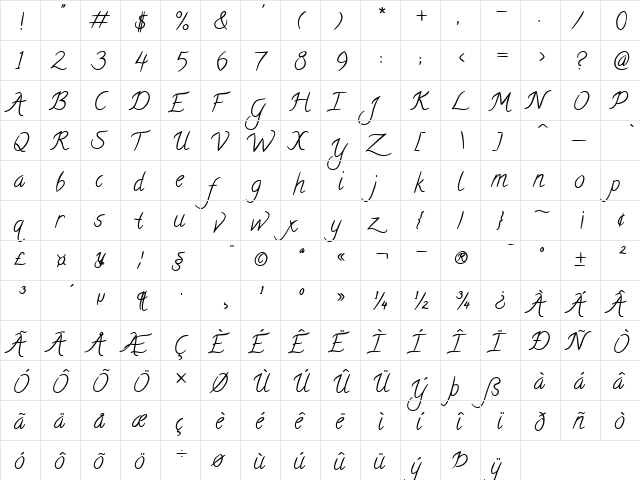 Calligraffitti Regular  glyph index