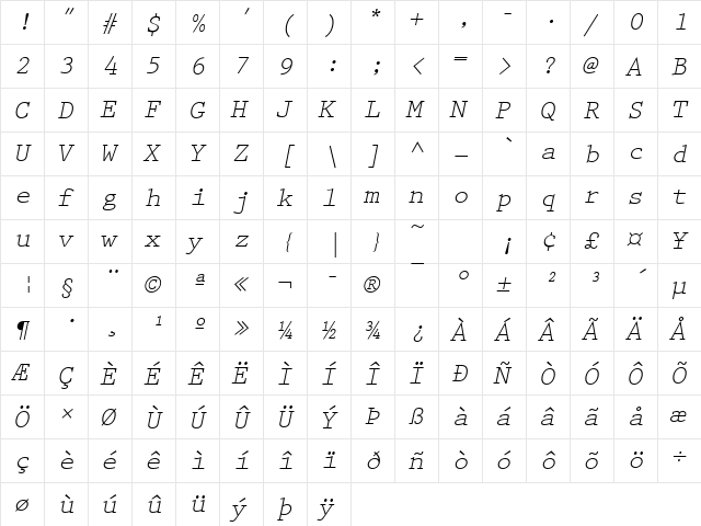 PrestigeEliM Oblique  glyph index