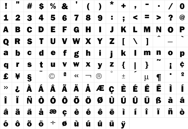 Franklin Heavy  glyph index