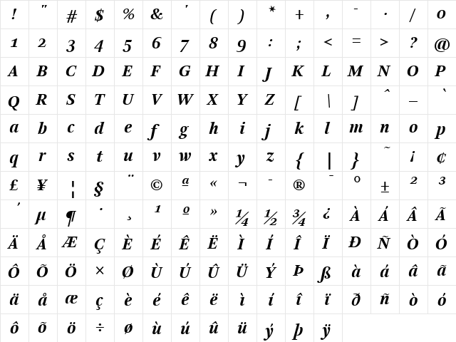 Arnhem-BoldItalic Regular  glyph index