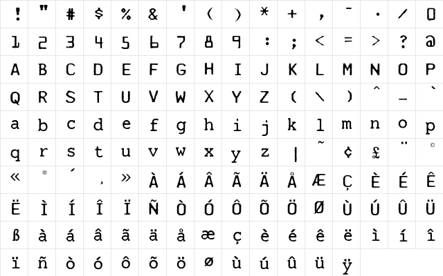 Mainframe-RD Two Lino Regular  glyph index