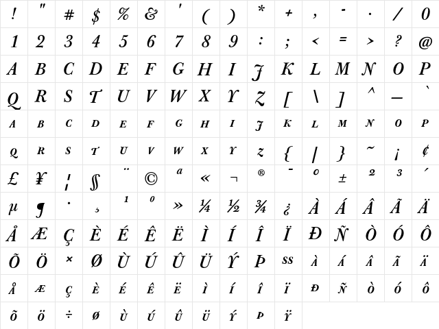 J Baskerville Caps Bold Italic  glyph index