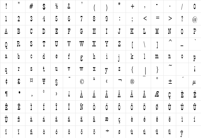 CircusCondensed Regular  glyph index